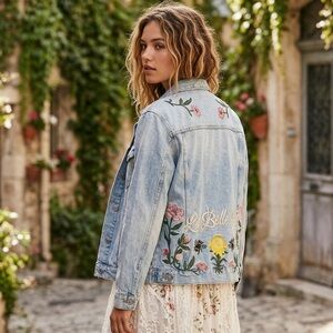 Embroidered Light Blue Denim Jacket with Floral Back